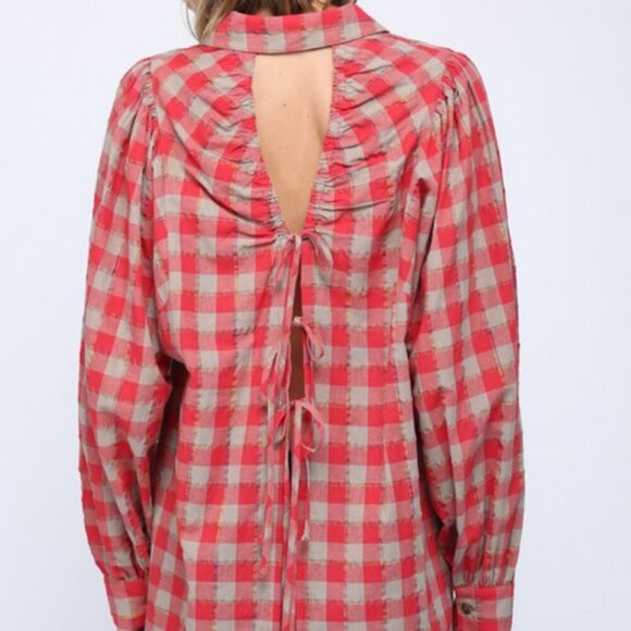 Fate Open Tie Back Top Red/Light Brown Plaid Long Sleeve Size M - Picture 4 of 13